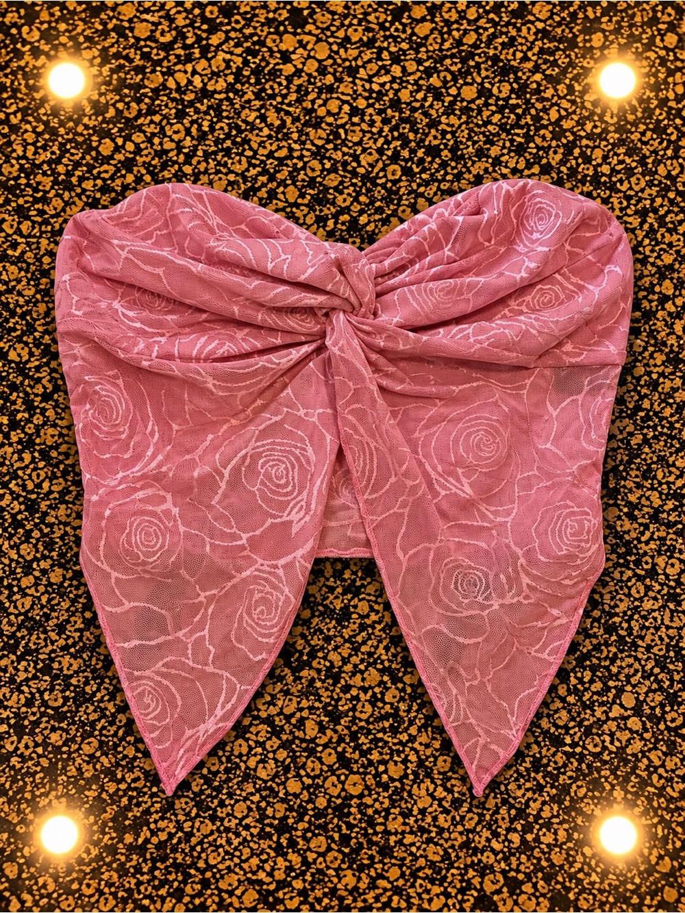 SHEIN Rose-Pattern Pink Lace Bow Front Strapless Crop Top
